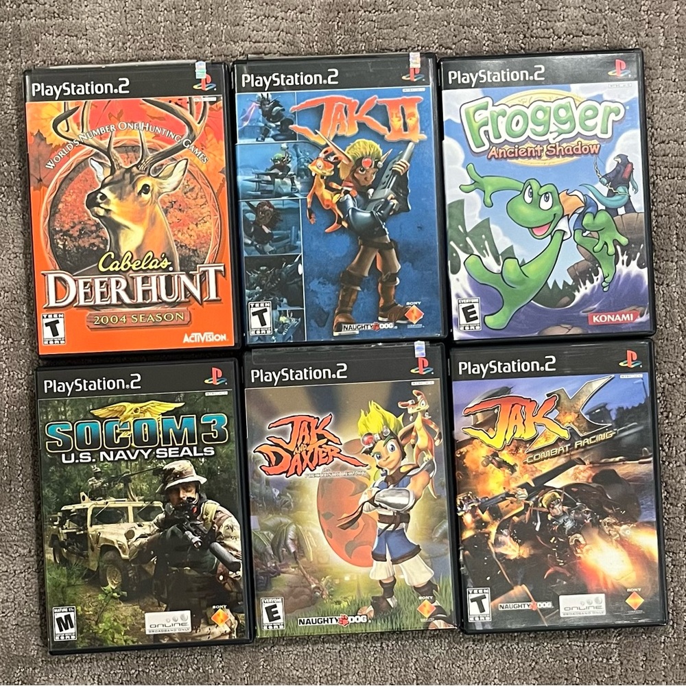 PS2 Game Bundle 6 Games
cabellas Deer Hunt
Jak 2
Frogger
Socom 3
Jak and Daxter